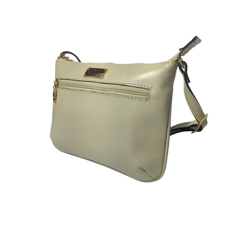 Bolsa Tiracolo Off White com Zíper Lateral em Couro Legítimo