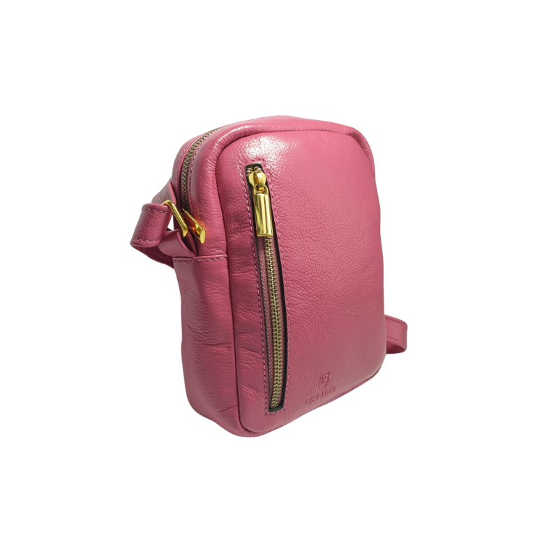Bolsa Tiracolo Rosa em Couro Legítimo