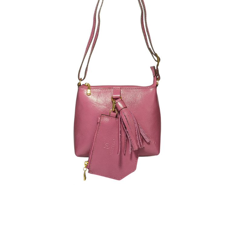 Bolsa Tiracolo Rosa Chaveiro e Porta Documento em Couro Legítimo