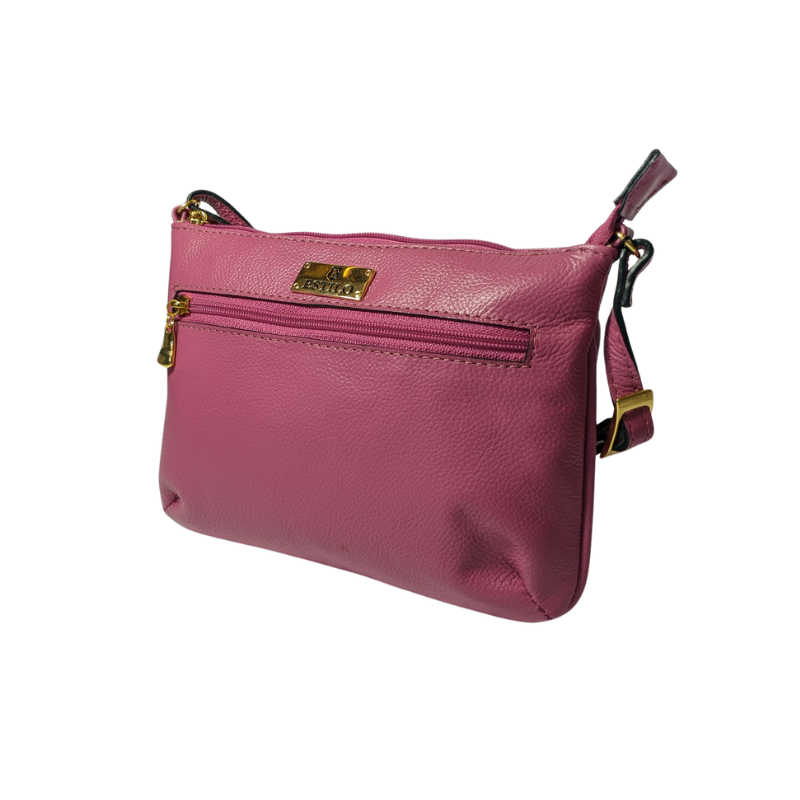 Bolsa Tiracolo Rosa com Zíper Lateral em Couro Legítimo