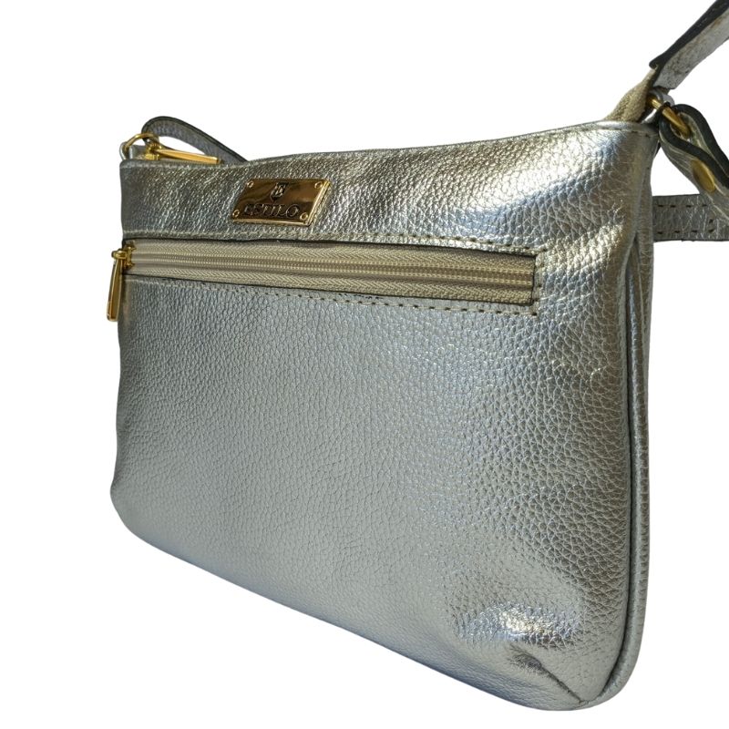 Bolsa Tiracolo Prata com Zíper Lateral em Couro Legítimo
