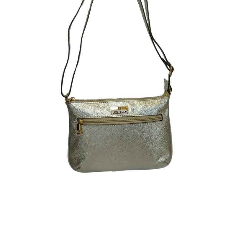 Bolsa Tiracolo Prata com Zíper Lateral em Couro Legítimo