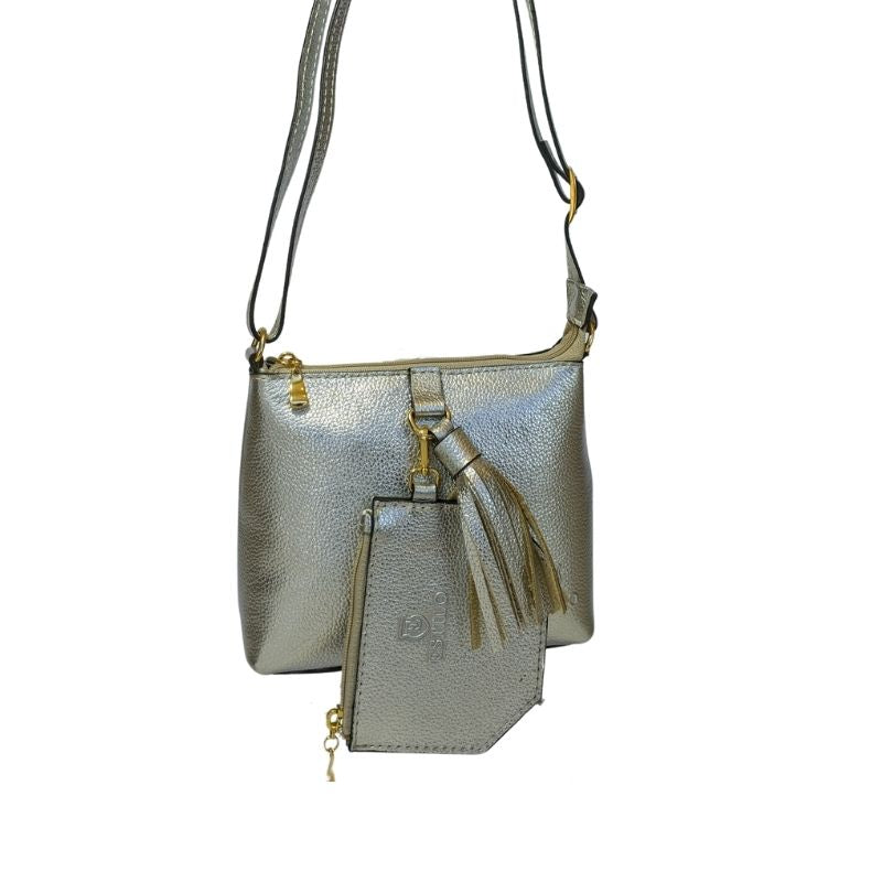 Bolsa Tiracolo Prata Chaveiro e Porta Documento em Couro Legítimo