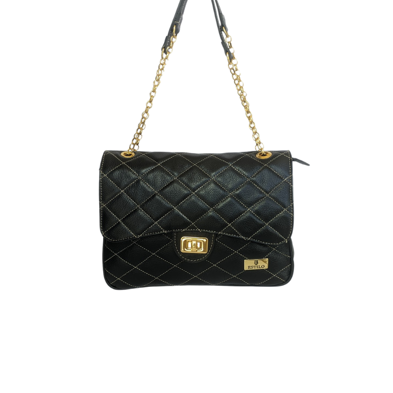 Bolsa Tiracolo Preto Matelassê em Couro Legítimo