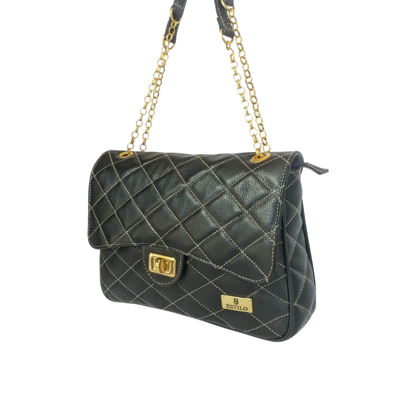 Bolsa Tiracolo Preto Matelassê em Couro Legítimo