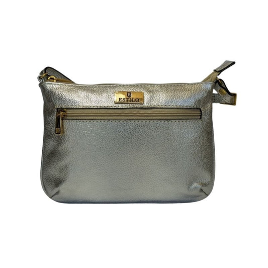 Bolsa Tiracolo Prata com Zíper Lateral em Couro Legítimo