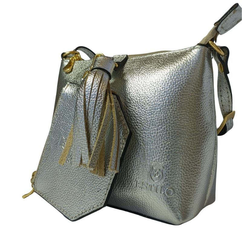 Bolsa Tiracolo Prata Chaveiro e Porta Documento em Couro Legítimo