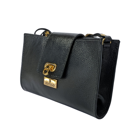 Bolsa Tiracolo Preta em Couro Legítimo