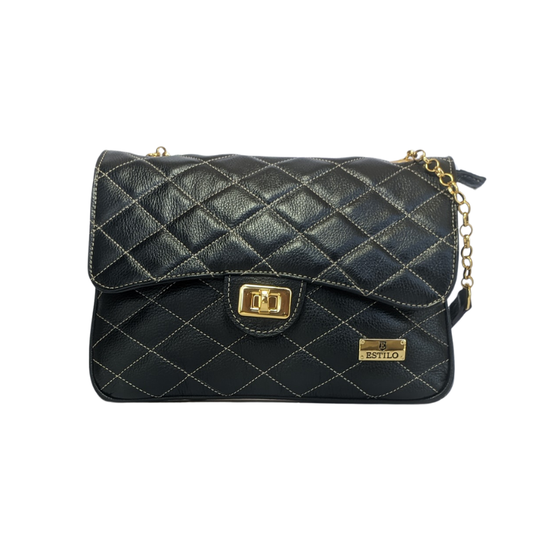 Bolsa Tiracolo Preto Matelassê em Couro Legítimo